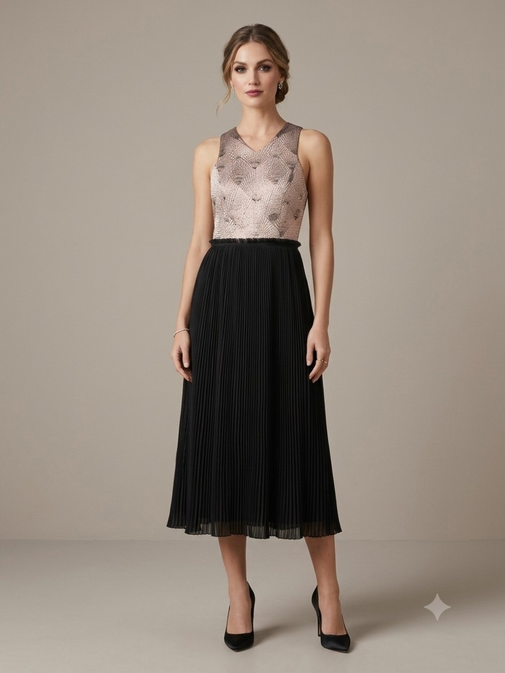 Anthropologie Nomad By Morgan Carper Metallic Brocade & Black Plisse Dress